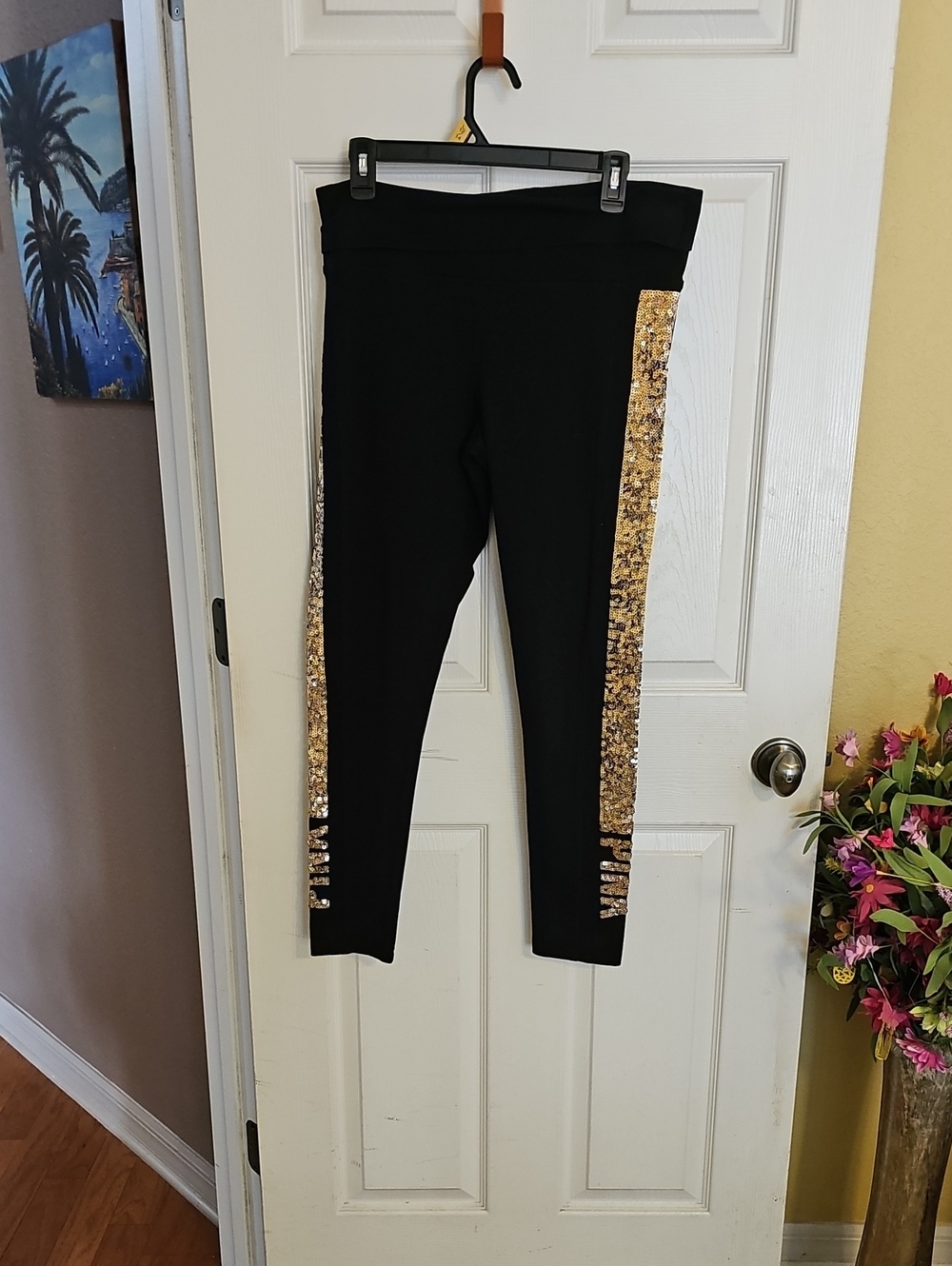 PINK Victoria's Secret Black Leggings with Gold Sequin Side Stripe